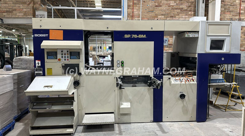Image of a Used Bobst Speria 76-BM Foilmaster Hot Foil Stamping Machine For Sale - Year: 1999 Equipped with: 3 Foil Pulls, Device for Transparent Materials, Anti-Static, Non-Stop Feeder, Hologram Device, Cutting Plate, Honeycomb Bed