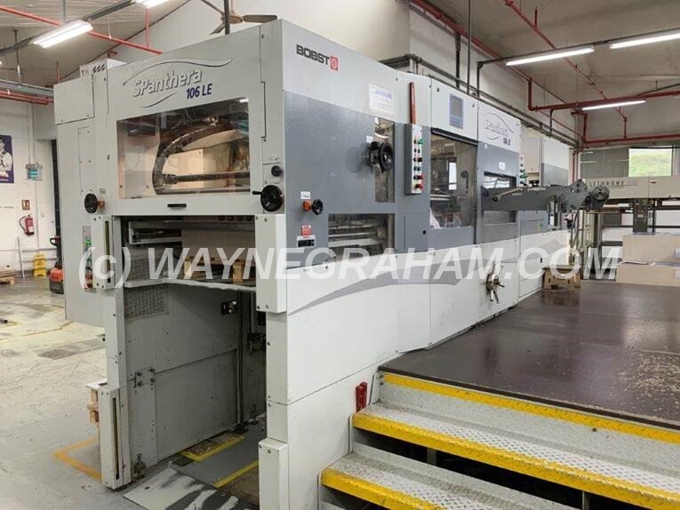 Image of used Bobst SPanthera 106 LE for sale - Year: 2004 - Speciification: Maximum Sheet Size 1,060 x 760mm, Stripping Station, Paper and Board 70-1,000gsm, Corrugated to 2mm, Centerline, Micrometric, Quicklock, Continuous Delivery, On a Plinth