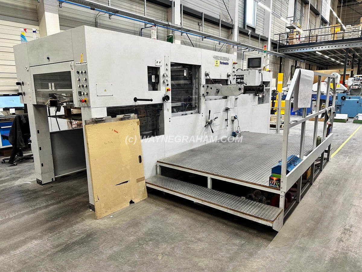 Image of a Used Heidelberg Varimatrix 105 CS Die Cutting Machine For Sale - Year: 2013 - Equipped with: Maximum Sheet Size 1,050 x 750mm, Stripping Station, Paper and Board 80-1,400gsm, Corrugated to 4mm, Centerline, Touch Screen, Small Size Device, Non-Stop Feeder, Continuous Delivery