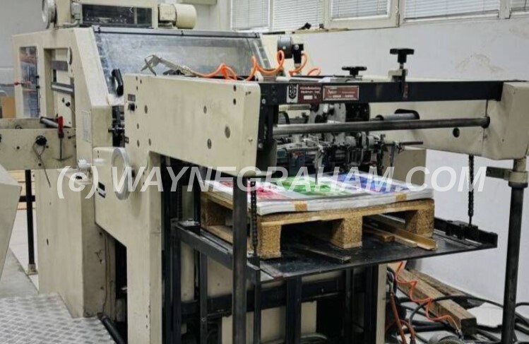 Image of used Gietz FSA 720 Hot Foil Stamping Machine for sale. Equipped with: Maximum Sheet Size 720 x 520mm, Hot Foiler, 3 Foil Pulls, 6 Heating Zones, 80gsm Upwards - Year: 1986
