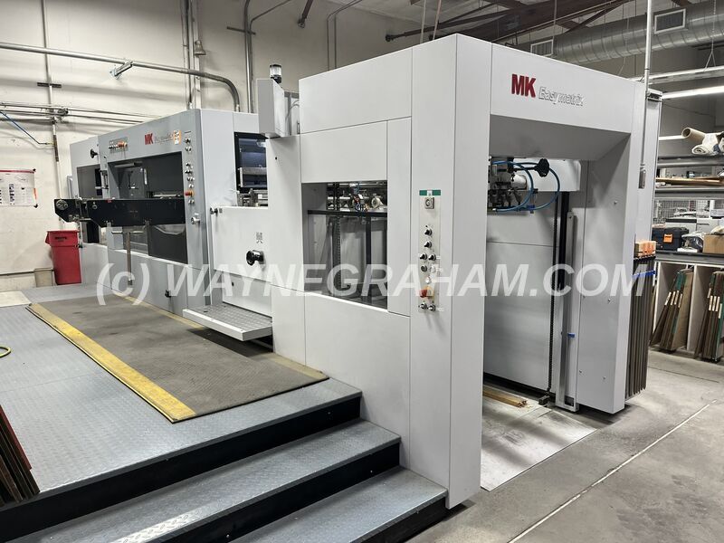 Image of a used MK Masterwork Easymatrix 106CS Die Cutter for sale. Equipped with: Maximum Sheet Size 1,060 x 760mm, Stripping Station, Non-Stop Feeder, Continuous Delivery. Year: 2017