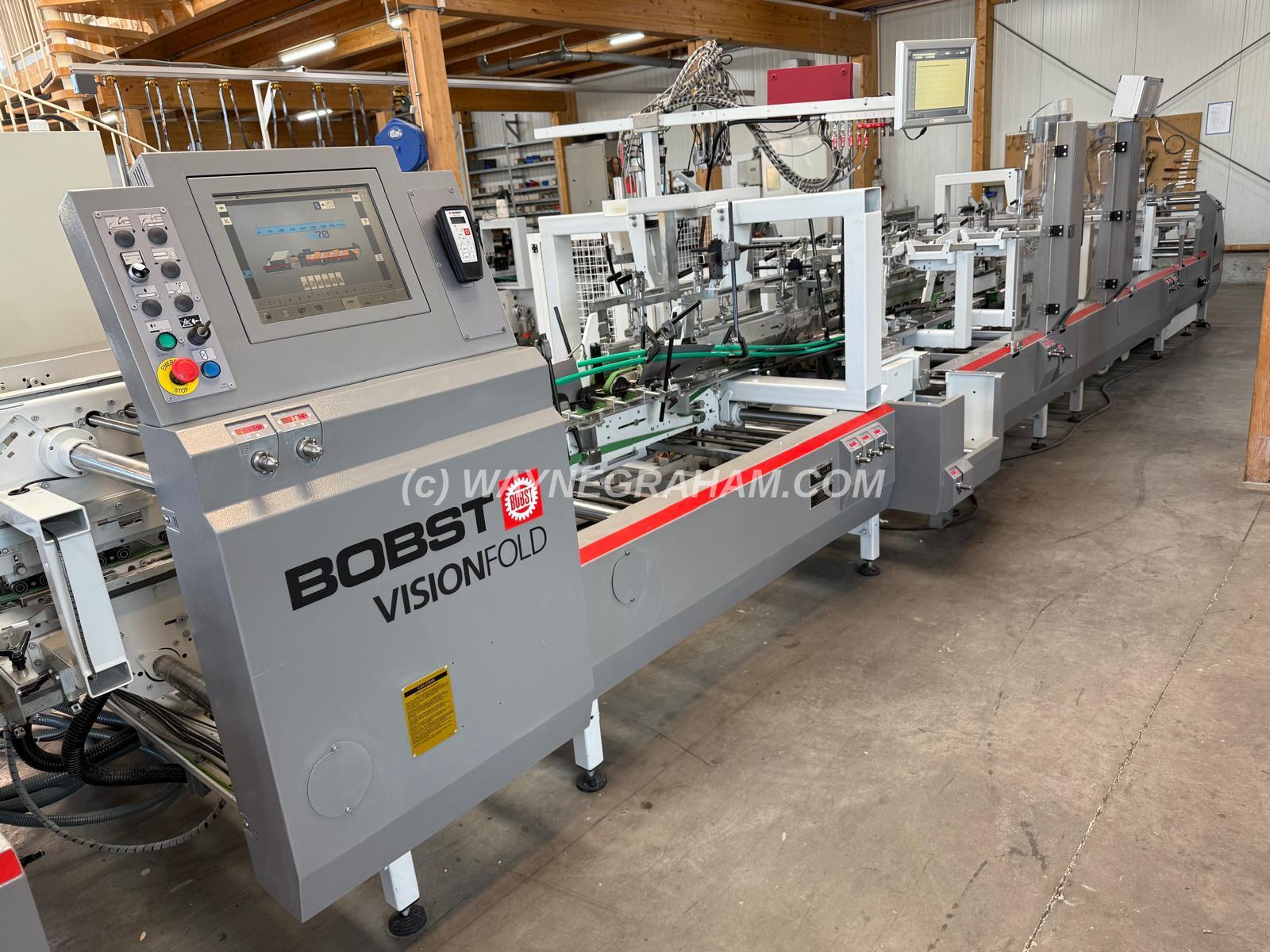 Image of used Bobst Visionfold 110 folding carton gluing line for sale. Year: 2009 Equipped with: Maximum Format 1,100mm, Minimum Format 760mm, Straightline Gluing, Lock Bottom, Double Wall, 4 and 6 Corner Gluing, CUBE, Refurbished 2024