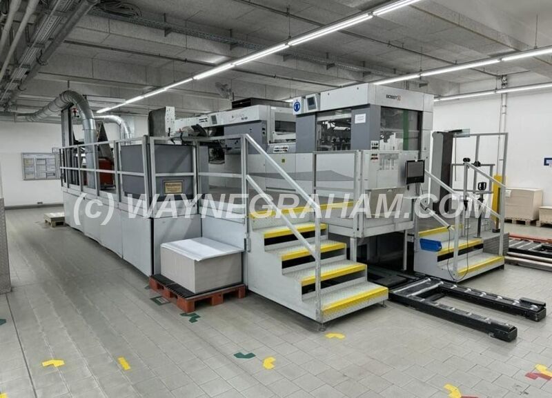 Image of used Bobst Sprintera 106-PER die cutter. Year: 2006 Equipped with: Maximum Sheet Size 1,060 x 760mm, Stripping Station, Blanking Station, Centerline, Power Register, CUBE, Automatic Pallet Transport System, Continuous Delivery, Special Non-Stop System for Small Boxes. Ref: 31969