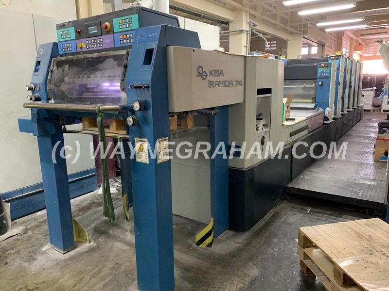 Image of a pre-owned KBA Rapida 74-5+L CX Five Colour Printing Press with Extended Delivery, Coating Unit and CX Cardboard Package. Year: 2004 - Ref: 31991