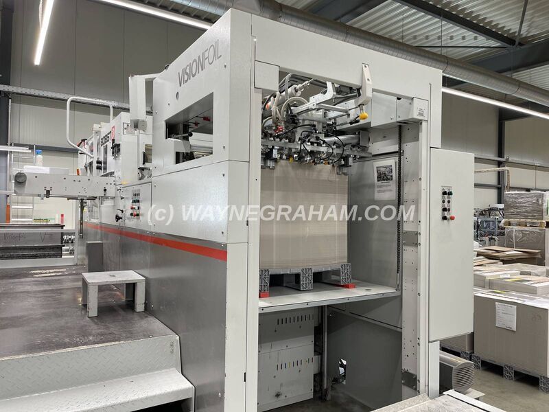 Image of a pre-owned used Bobst VisionFoil 104 Hot Foil Stamping Machine - Year: 2012 - Equipped with: Maximum Sheet Size 1,040 x 740mm, Paper and Board 80-2,000GSM, Corrugated to 4mm, 12 Programmable Heating Zones, 3 Foil Unwinds, CUBE, Machine on a Plinth, Continuous Delivery - For Sale - Ref: 32082