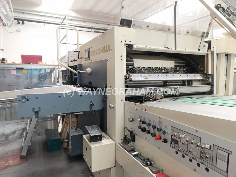 Image of a used Bobst SP 102-BMA Hot Foil Stamping Machine For Sale - Year: 1999 - Equipped with: Maximum Sheet Size 1,020 x 720mm, 6 Foil Advances, Non-Stop Feeder, Continuous Delivery, Paper and Board 80-2,000gsm, Corrugated to 4mm - Ref: 32097