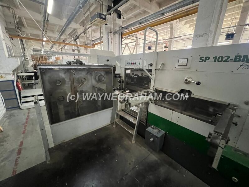 Image of a pre-owned used Bobst SP 102-BMA Hot Foil Stamping Machine for sale - Year: 2006 - Equipped with: Maximum Sheet Size 1,020 x 720mm, Hot Foiler, 16 Independent Heating Zones, Centerline, On a Plinth