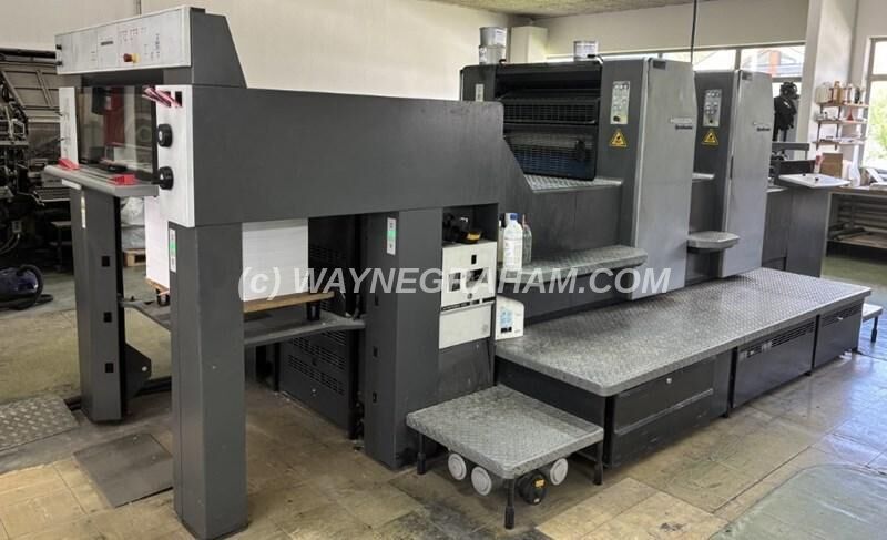 Image of a used Heidelberg SM 74-2-P-H two colour printing press with CP2000 with Ink Remote Control, Alcolor Dampening, Baldwin Refrigeration and Recirculation, Autoplate, Preset, Automatic Blanket Wash, Automatic Ink Roller Wash, Automatic Impression Cylinder Wash, High Pile Delivery, Dry Powder Spray Unit, Perfects 1-1, Only 64 million Impressions - Year: 2004 - Ref: 32135