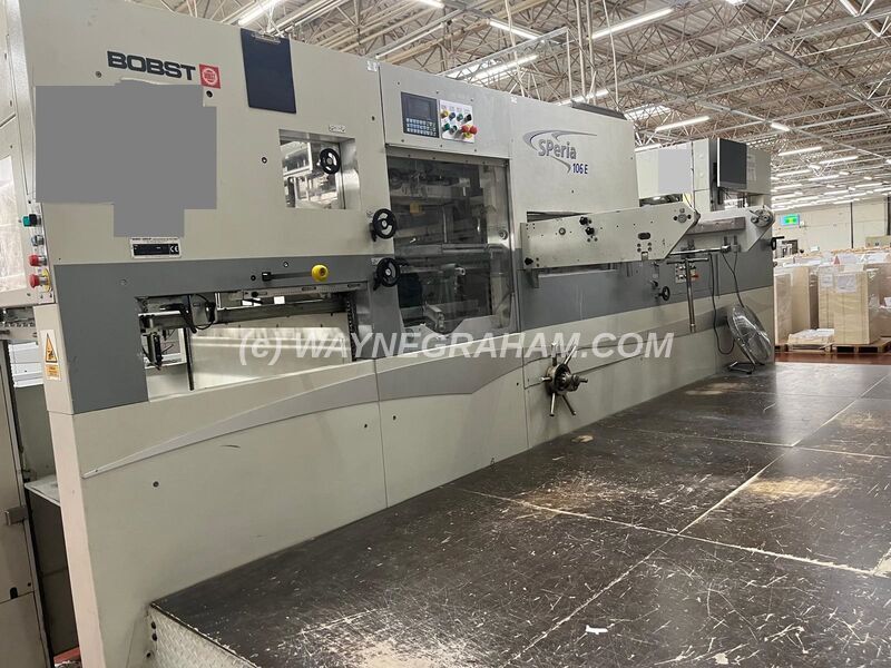 Image of a secondhand used Bobst Speria 106-E Die Cutting machine for sale - Equipped with: Maximum Sheet Size 1,060 x 760mm, Stripping Station, CUBE, Centerline, Quick Lock, Micrometric, OS and OOS Sidelays, Continuous Delivery - Year: 2006 - Ref: 32137