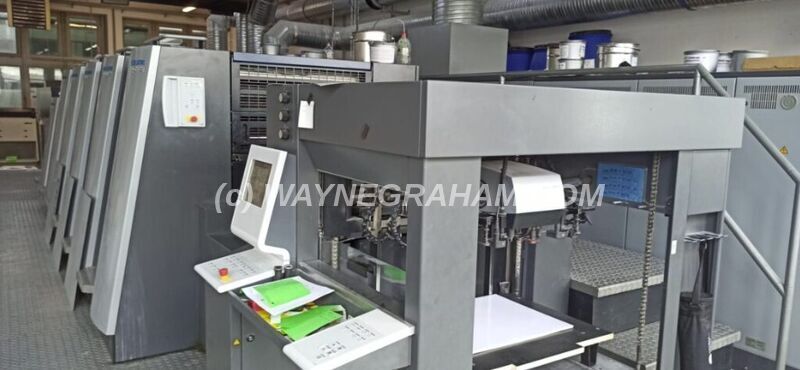 Image of a used Heidelberg XL 75-5-L Five Color Press For Sale - Year: 2018 - Equipped with: Low Impressions (56M), F format, Prinect Axis Control, Prinect Press Center, Color Fast Solution, Color Assistant Pro, Alcolor Vario Dampening, Technotrans Refrigeration and Recirculation, Technotrans Ink Temperature Control, Autoplate, Preset Plus Feeder, Automatic Blanket Wash, Automatic Impression Cylinder Wash, UV Dryer in Delivery, IR Dryer in Delivery, Dry Powder Spray Unit