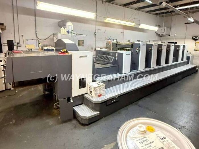 Image of a used Shinohara 75VIP+L printing press equipped with Shinohara Off-Press Control Console, Shinmatic Dampening, SAPC, LithoCoat Coater, Dry Powder Spray Unit, Perfects 2-6 - Year: 2004 - Ref: 32159