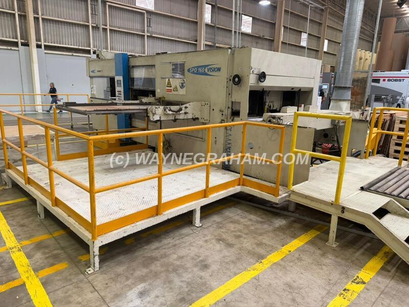 Image of a used Bobst SPO 160 Vision Corrugated Die Cutting Machine For Sale - Year: 2002 - Equipped with: Maximum Sheet Size 1,600 x 1,100mm, Stripping Station, Bobst Maintained, Solid Board to 1mm, Corrugated to 7mm, B and C Flutes