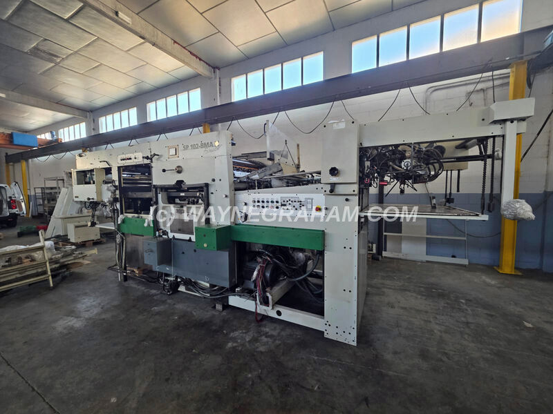 Image of a used Bobst SP 102 BMA Foilmaster Hot Foil Stamping machine for sale - Year: 2001 - Equipped with: Maximum Sheet Size 1,020 x 720mm, Hot Foiler, Centerline, 16 Independent Heating Zones, Paper and Board 80-2,000 GSM, Corrugated E and B Flutes to 4mm