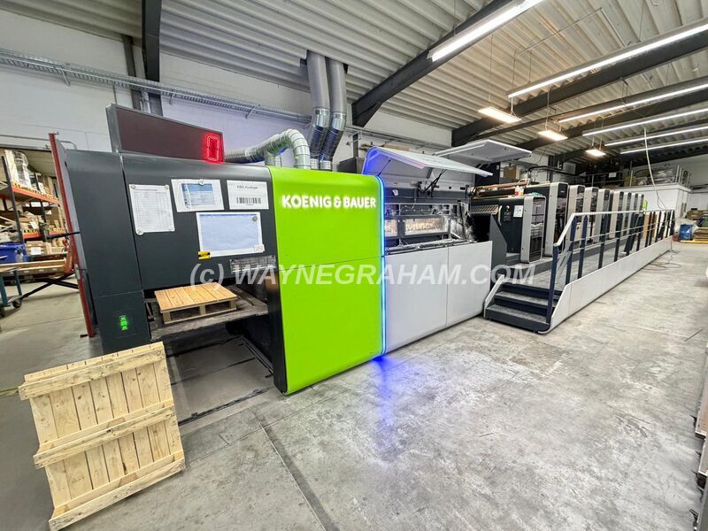 Image of a used KBA Rapida 106X-8+L CX used eight colour printing press - Year: 2020 - Equipped with: ErgoTronic, QualiTronic PDF Check, Wallscreen, ColorTronic, Varidamp Dampening, Technotrans Refrigeration and Recirculation, FAPC, Harris+Bruno Coating Unit, VariDry IR Dryer, CX Package, Thin Paper Package, 18,000 SPH High Speed Package, Perfects 4-4