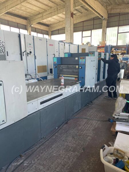 Image of a used Koenig and Bauer KBA Rapida 74-5+L Five Colour Printing Press For Sale - Year: 2002 - Equipped with: Colortronic, Densitronic, KBA Alcohol Dampening, Baldwin Refrigeration and Recirculation, SAPC, Automatic Blanket Wash, Automatic Ink Roller Wash, Automatic Impression Cylinder Wash, IR Dryer, Eltosch UV Dryer in Delivery, Extended Delivery, Weko Powder Spray Unit, Refurbished
